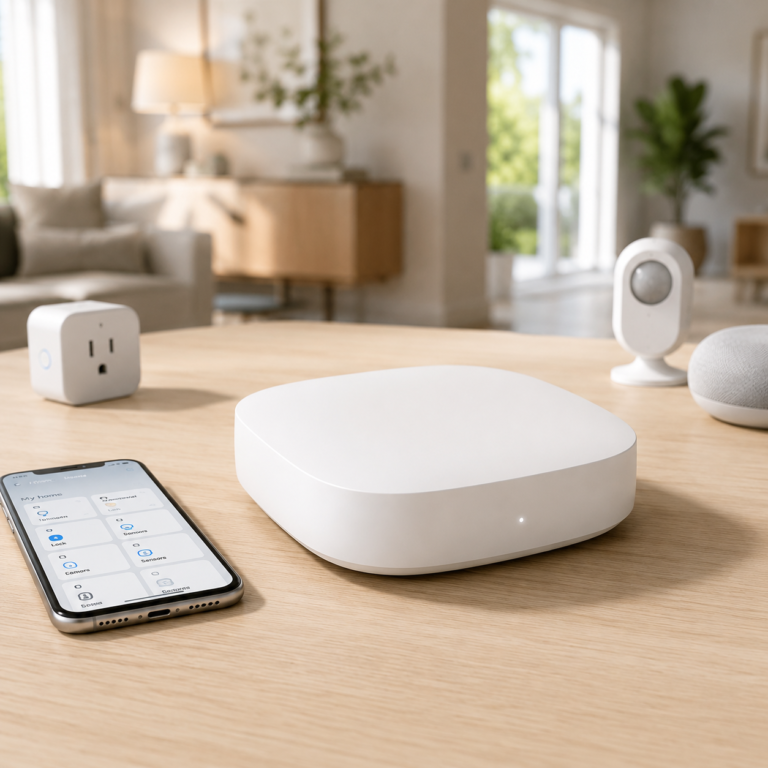 Aeotec Smart Home Hub on a modern tabletop with smart home devices