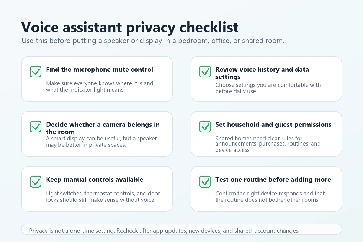 Voice assistant privacy checklist covering microphone mute controls, voice history, camera placement, household permissions, manual controls, and routine testing