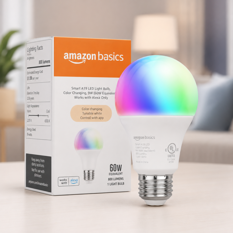 Amazon Basics Smart A19 LED light bulb with color changing bulb and packaging