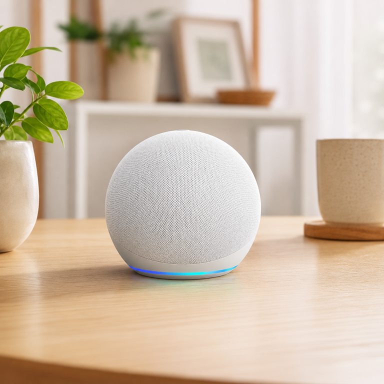 Amazon Echo Dot in Glacier White on a light wood table with a blue light ring in a cozy modern home setting