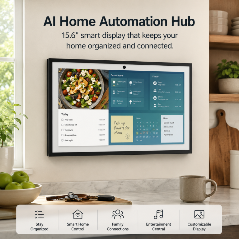 Amazon Echo Show 15 wall-mounted smart display in a modern kitchen with calendar, notes, and smart home controls