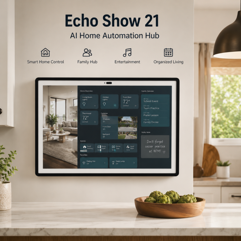 Amazon Echo Show 21 wall-mounted smart display in a modern kitchen showing a smart home dashboard