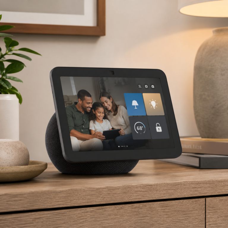 Amazon Echo Show 8 smart display on a wood console showing family and smart home control widgets in a cozy room