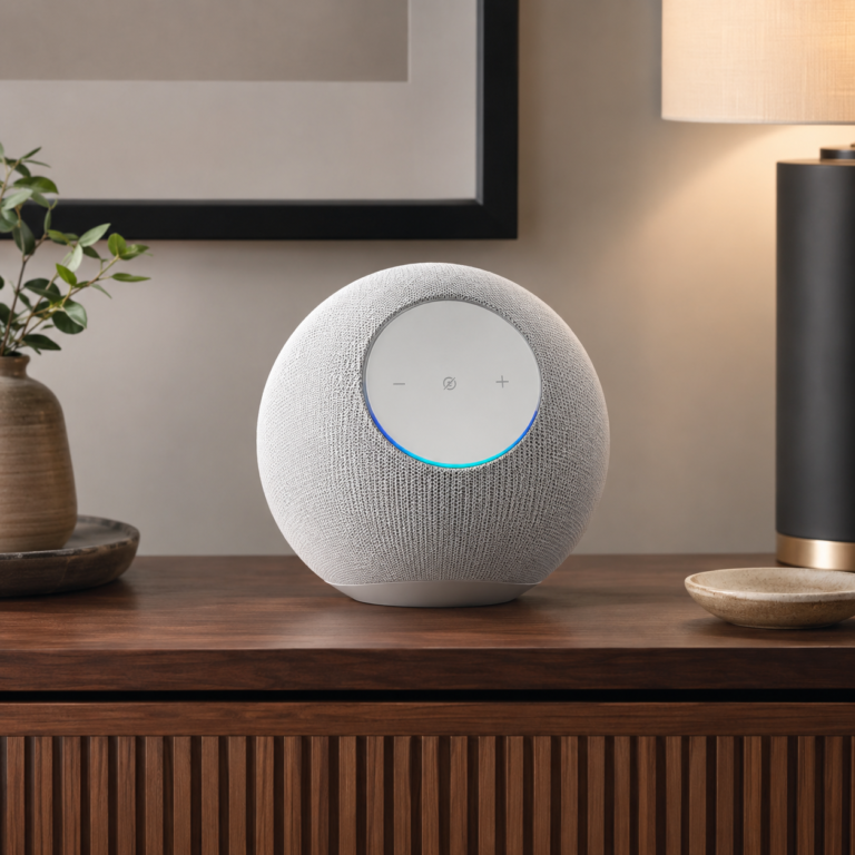 Amazon Echo Studio in Glacier White on a wood console with a blue light ring in a warm modern living room