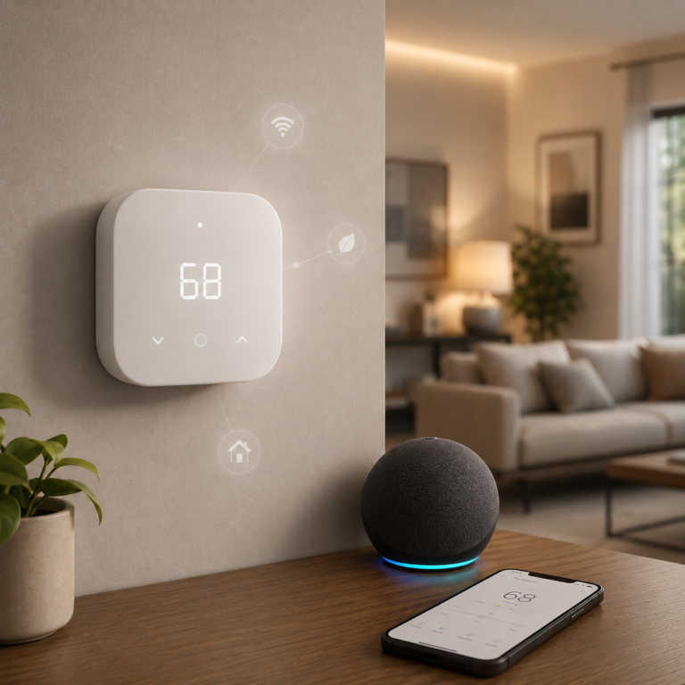 Amazon Smart Thermostat on a living room wall with Alexa speaker and phone app control