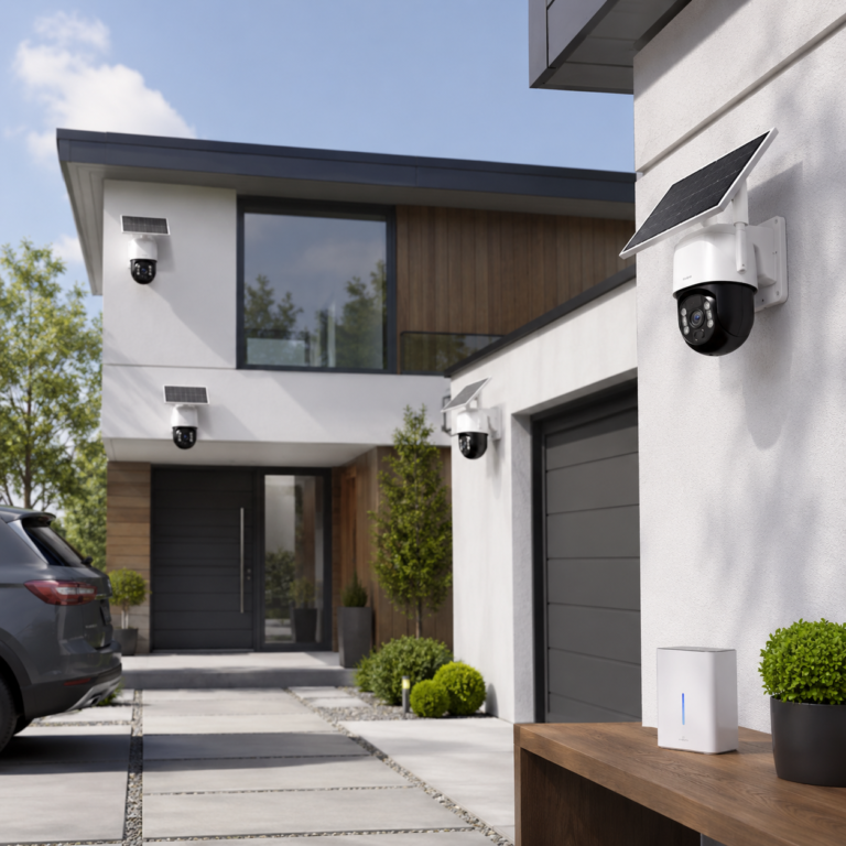 aosu T2 Ultra 4K solar security camera system on modern home exterior