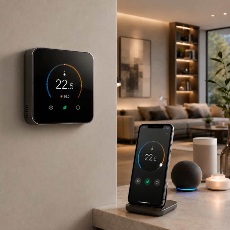 Aqara Smart Thermostat W200 on a wall with smartphone temperature control