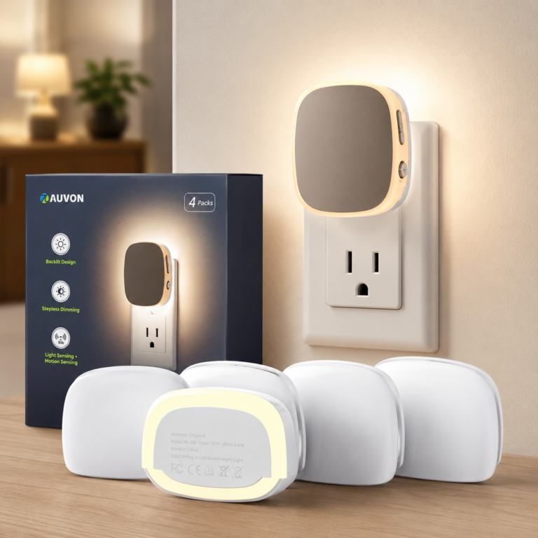AUVON plug-in LED backlit night light with motion sensing and retail packaging