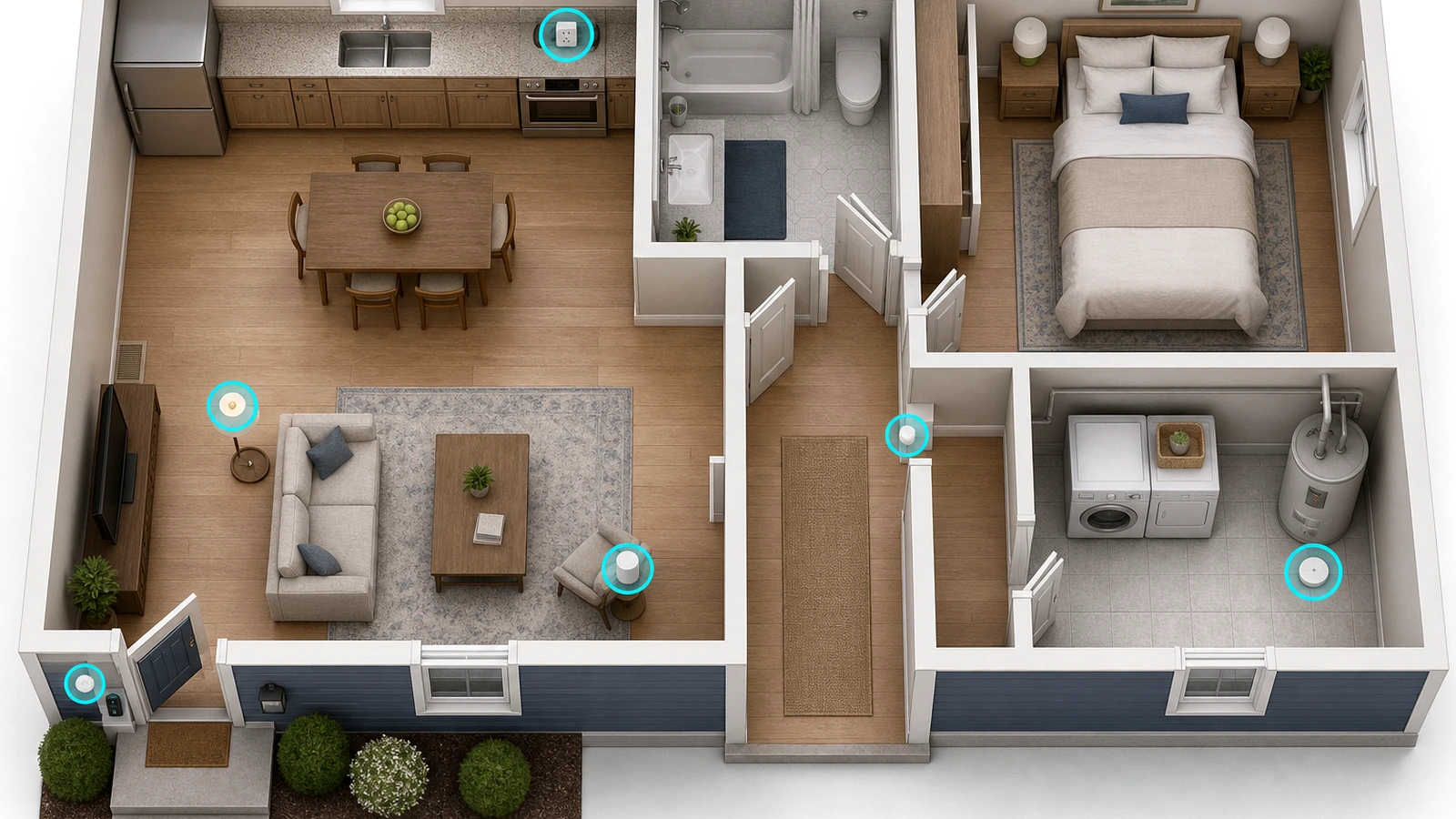 Room-by-room smart home diagram showing beginner automation ideas for a living room, kitchen, bedroom, entryway, and utility area