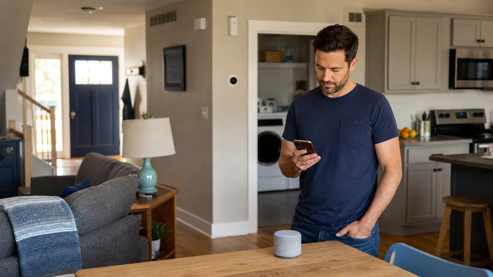 Man using smartphone in modern kitchen