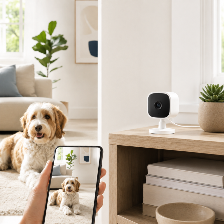 Blink Mini 2 pet camera on a modern table with smartphone live view