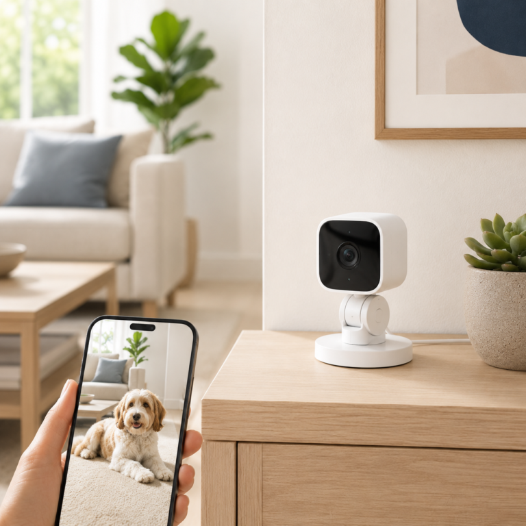 Blink Mini Pan-Tilt pet camera monitoring a dog in a bright home