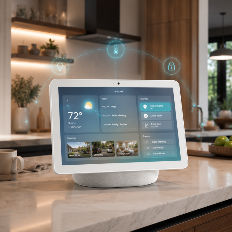 Echo Show 11 style smart display controlling lights, cameras, weather, and routines in a kitchen