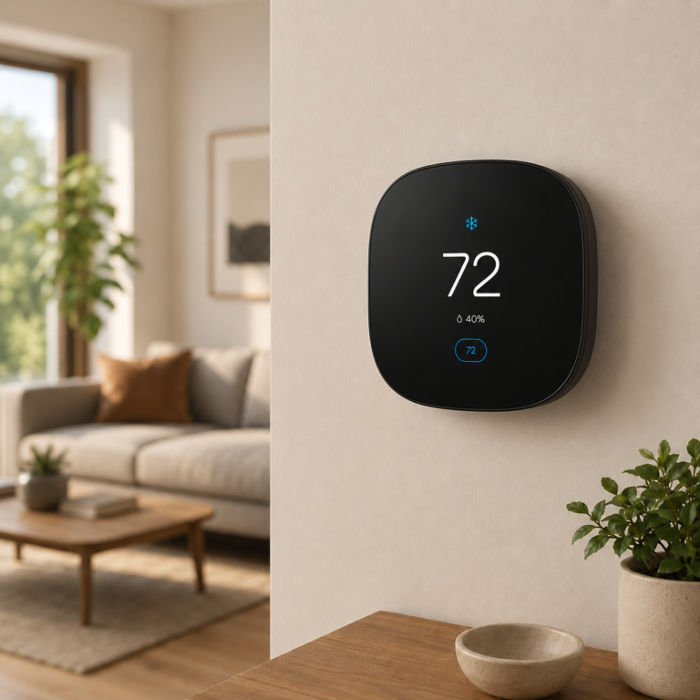 Ecobee Smart Thermostat Essential mounted on a modern living room wall