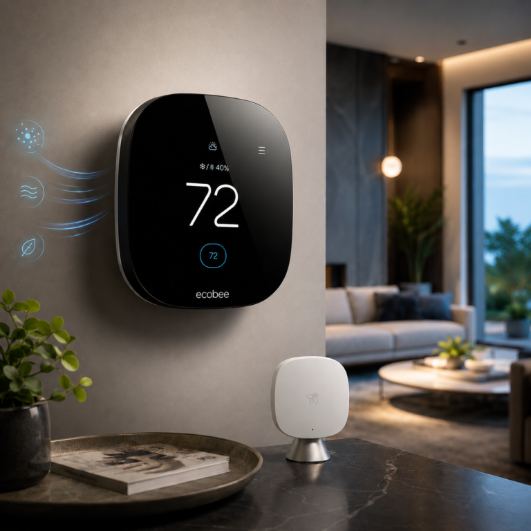 Ecobee Smart Thermostat Premium with SmartSensor in a modern living room