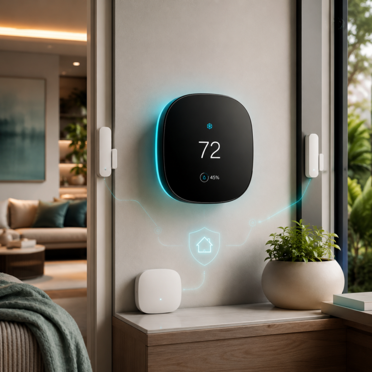 Ecobee smart thermostat with door sensors and home security hub in a modern smart home