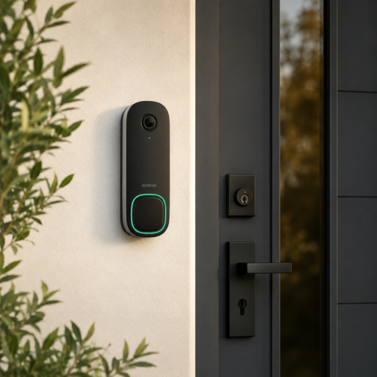 ecobee Smart Video Doorbell Camera Wired mounted beside a modern dark front door with green illuminated button ring