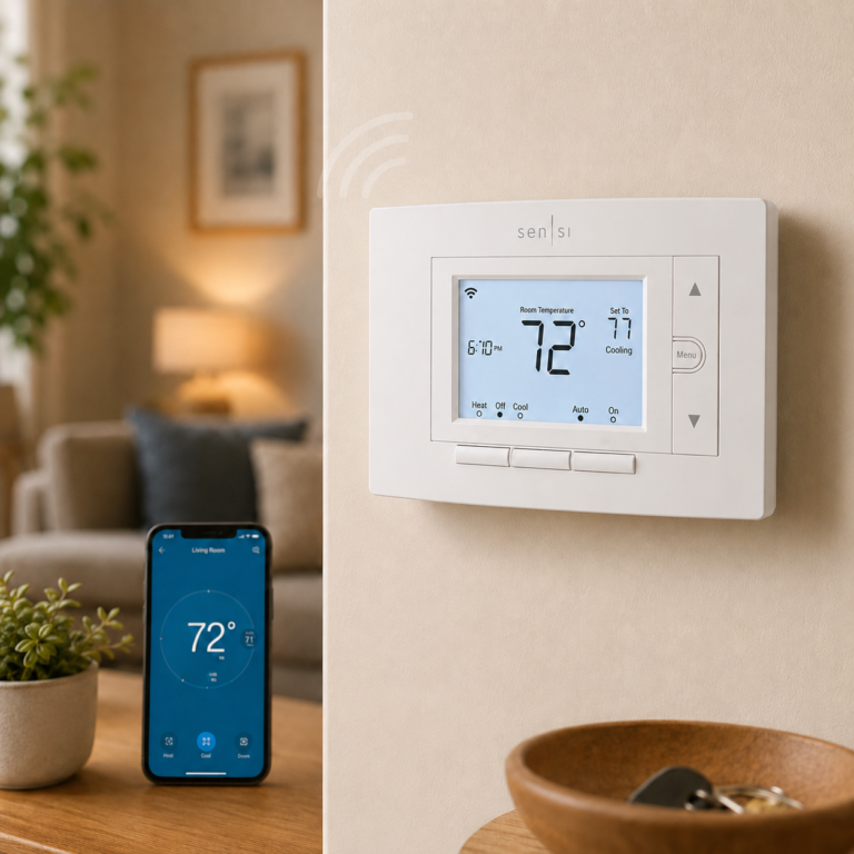 Emerson Sensi Wi-Fi Smart Thermostat ST55 with phone app control in a cozy living room
