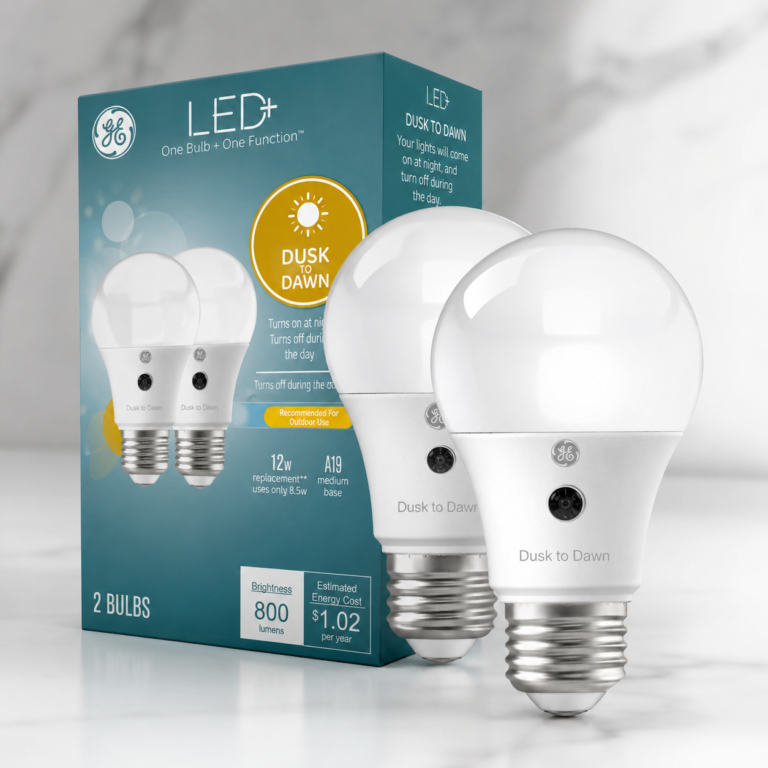 GE LED+ A19 dusk to dawn light bulbs with product packaging