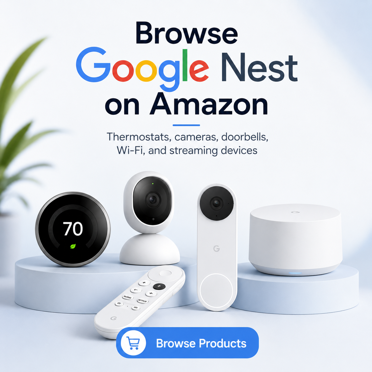 Square editorial card for browsing Google Nest smart home products on Amazon, including thermostats, cameras, doorbells, Wi-Fi, and streaming devices.
