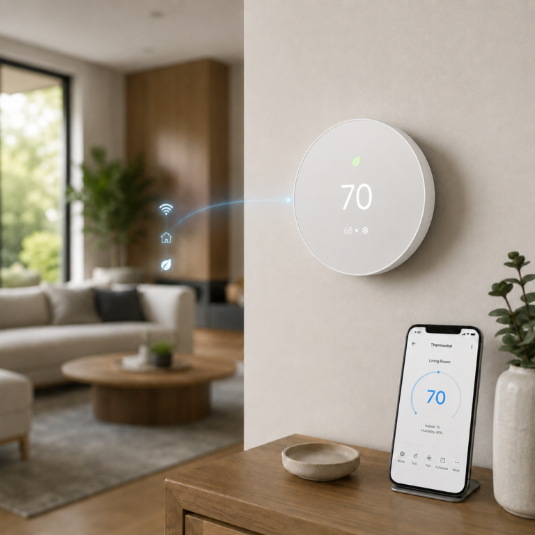 Google Nest Thermostat in Snow on a modern living room wall with phone app control
