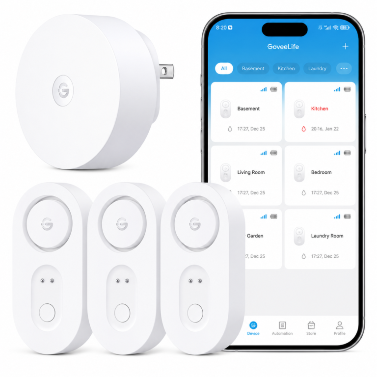 GoveeLife smart water leak detector kit with WiFi hub, app alerts, and three white leak sensors