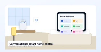 Alexa Plus smart home hub dashboard on a kitchen counter with Echo speaker and wall thermostat in the background