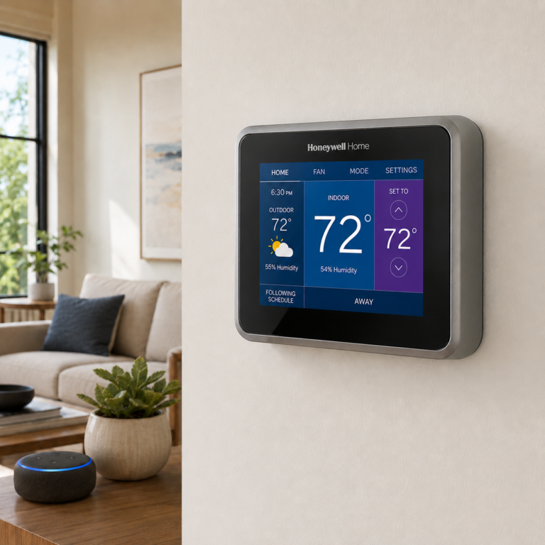 Honeywell Home RTH9585WF1004 smart color thermostat with touchscreen display in a modern living room