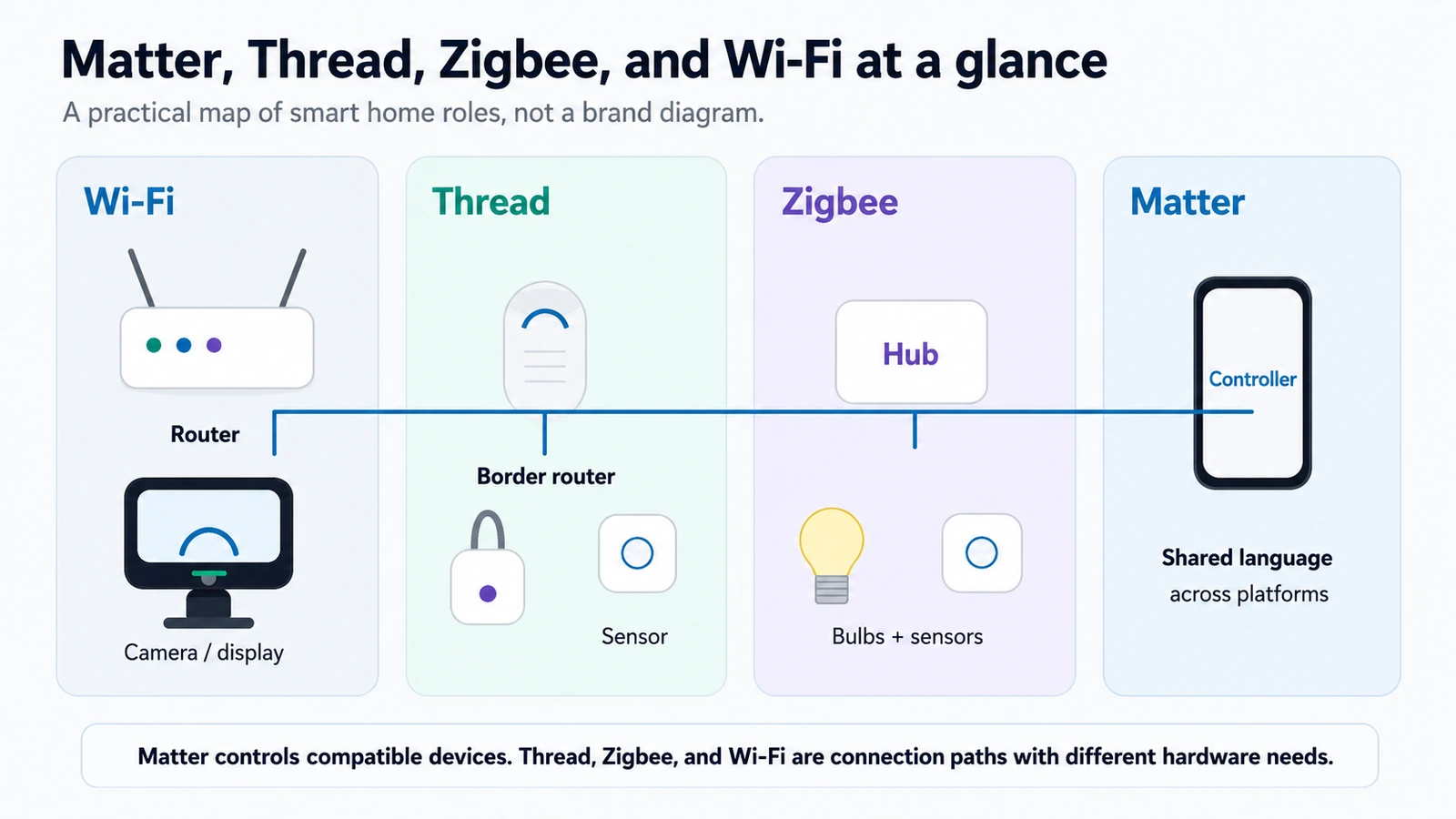 Beginner-friendly comparison graphic showing Matter, Thread, Zigbee, and Wi-Fi smart home connection paths