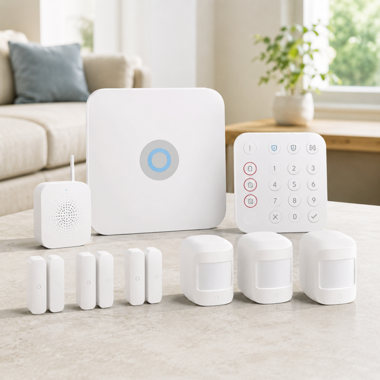 Ring Alarm 14-Piece Kit displayed on a light countertop with base station, keypad, contact sensors, motion detectors, and range extender