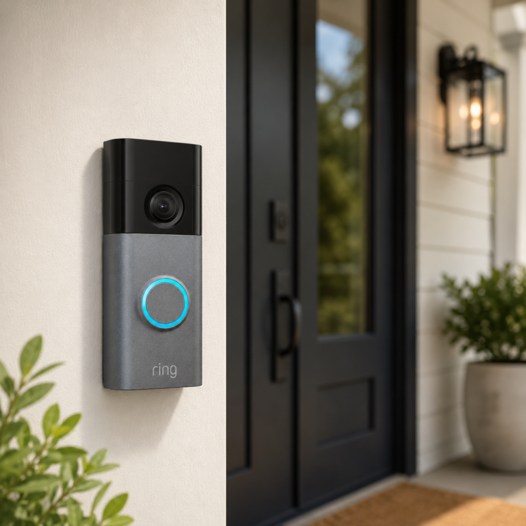 Ring Battery Doorbell Plus mounted beside a modern dark front door with plants near the entryway