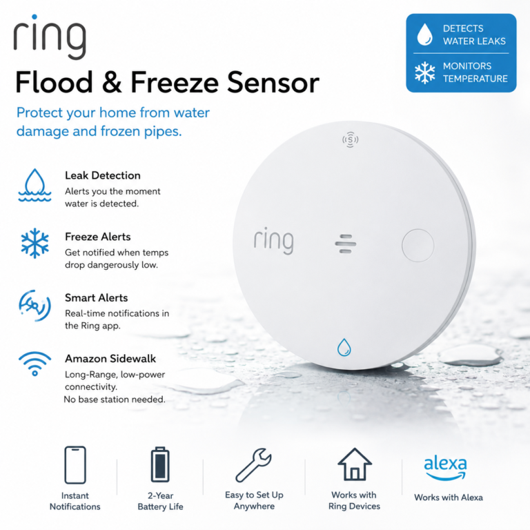 Ring Flood and Freeze Sensor for water leak detection, frozen pipe alerts, and smart home notifications