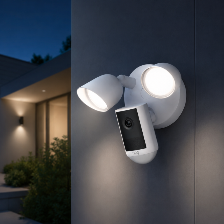 Ring Floodlight Cam Pro mounted on a dark exterior wall at night with dual floodlights illuminated outside a modern home