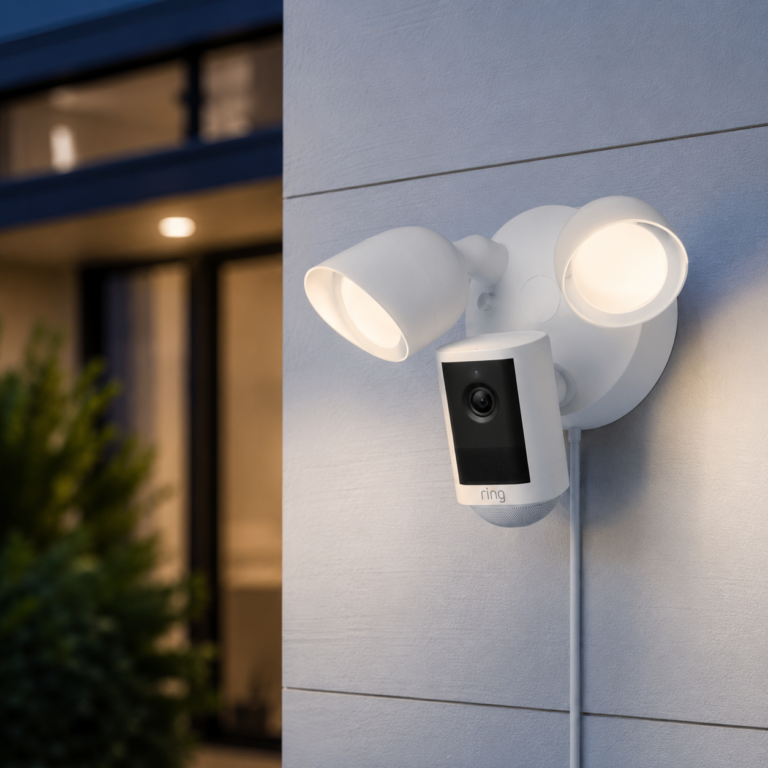 Ring Floodlight Cam Wired Plus mounted on a light gray exterior wall with dual floodlights turned on near a modern home entrance