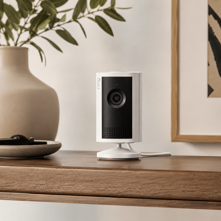 Ring Indoor Cam Plus on a dark wood table in a modern home interior with decorative vase and framed wall art