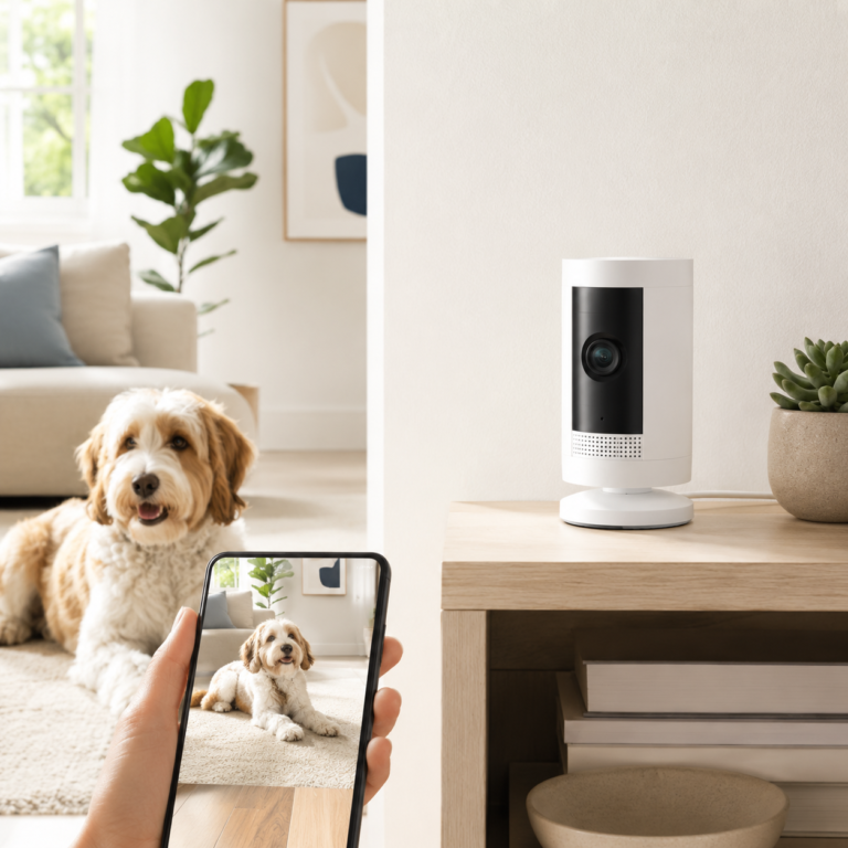 Ring Pan-Tilt Indoor Cam used as a pet monitoring camera in a modern living room
