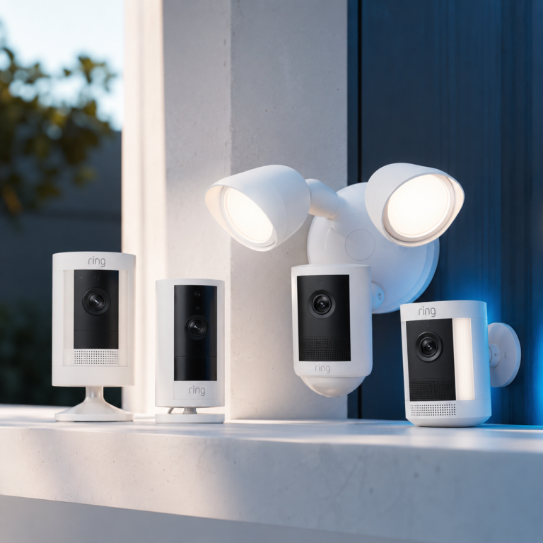 Collection of Ring security cameras including indoor cameras, outdoor cameras, and a floodlight camera displayed together in a modern setting