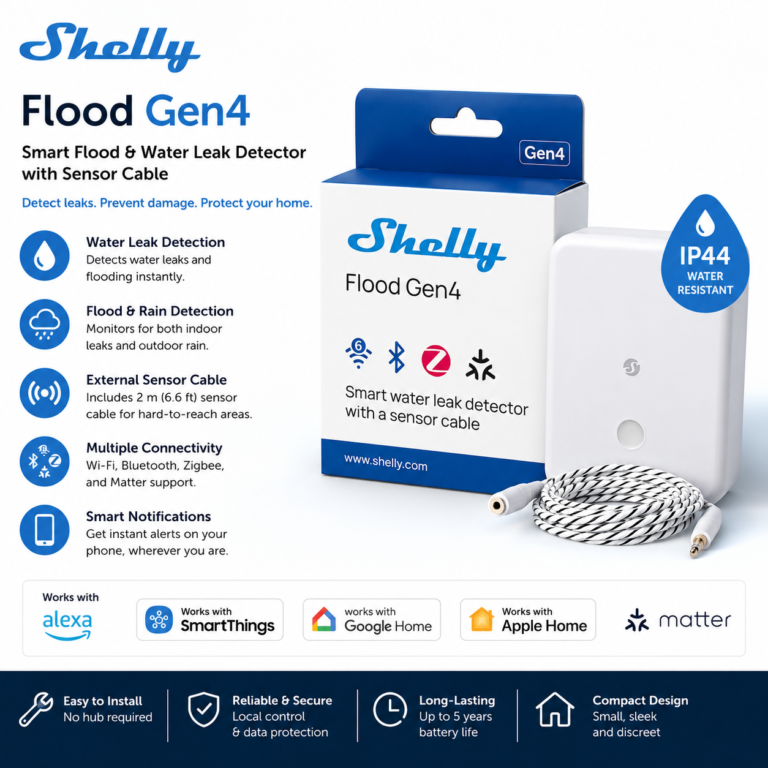 Shelly Flood Gen4 smart water leak detector with sensor cable, WiFi, Bluetooth, Zigbee, Matter, and IP44 water resistance