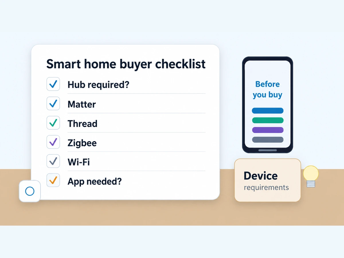 Smart home buyer checklist with hub required, Matter, Thread, Zigbee, Wi-Fi, and app needed reminders