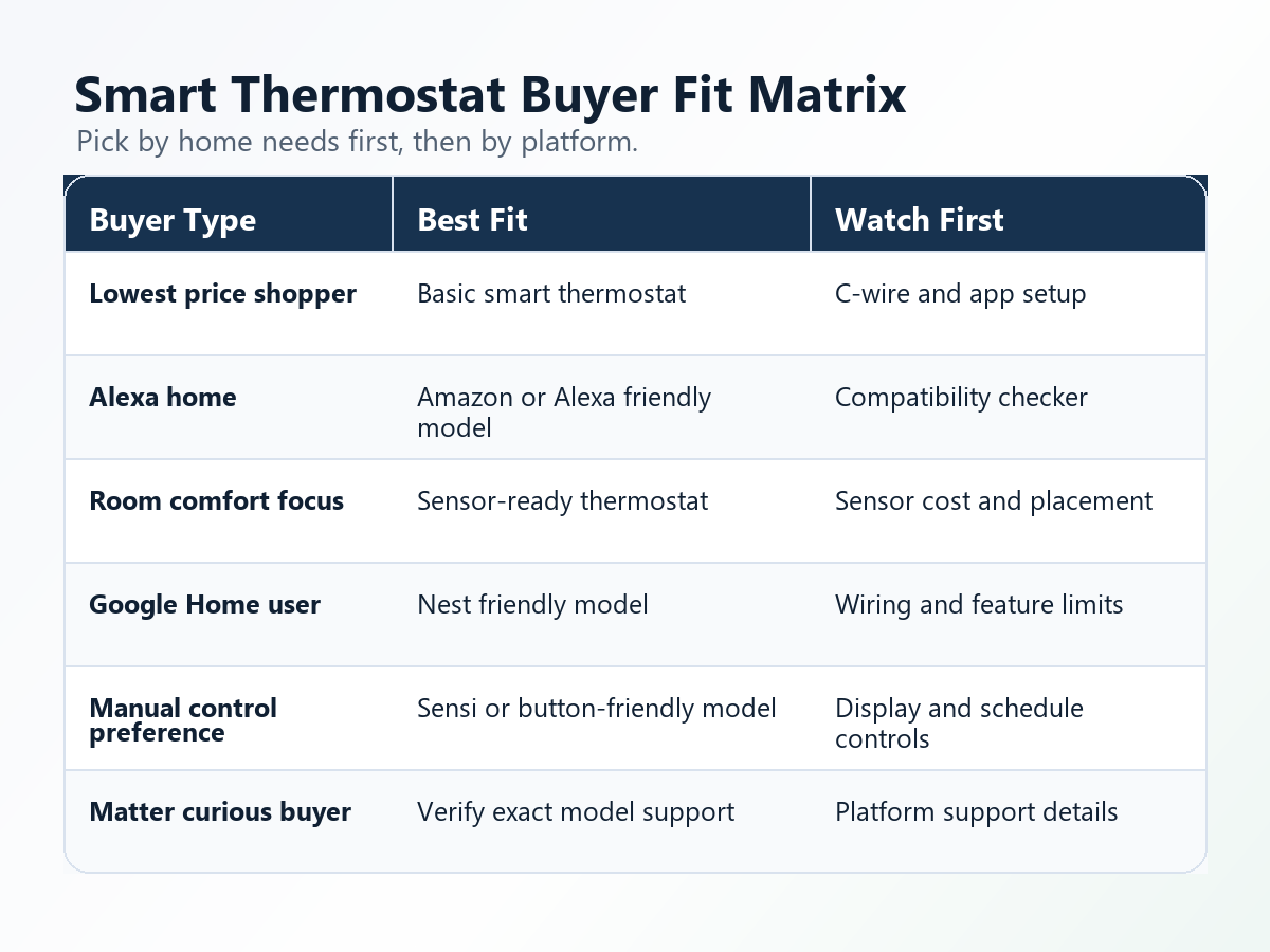 Smart thermostat buyer fit matrix comparing buyer types, best-fit thermostat styles, and what to check before buying.