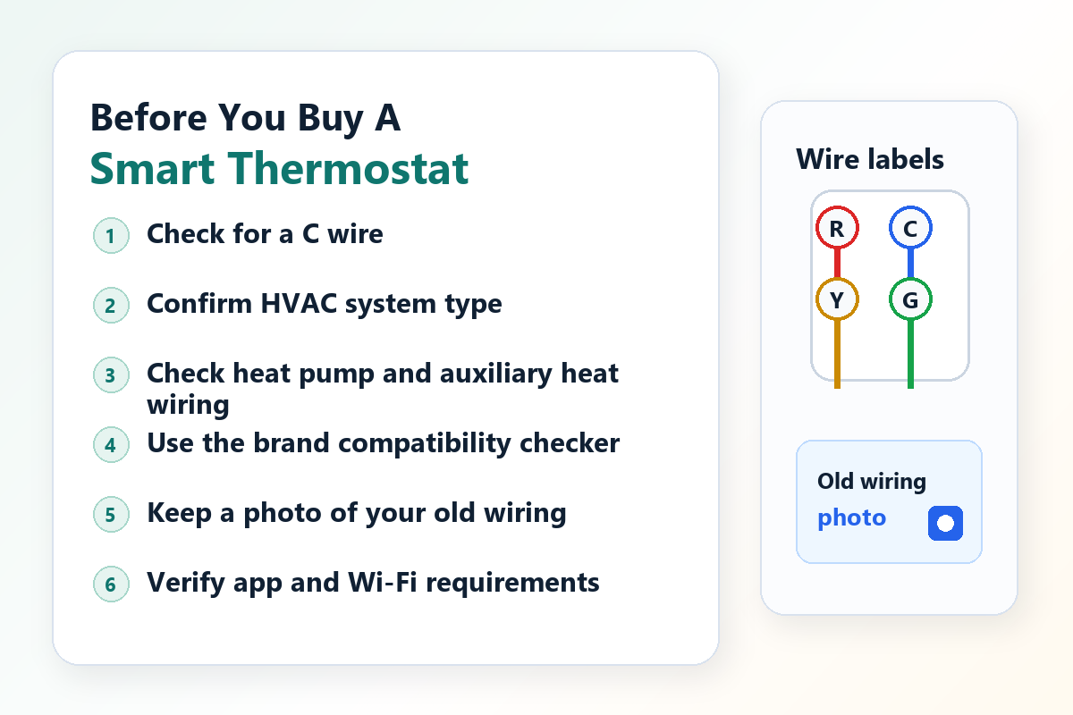 Checklist showing what to verify before buying a smart thermostat, including C wire, HVAC type, heat pump wiring, app requirements, and old wiring photos.