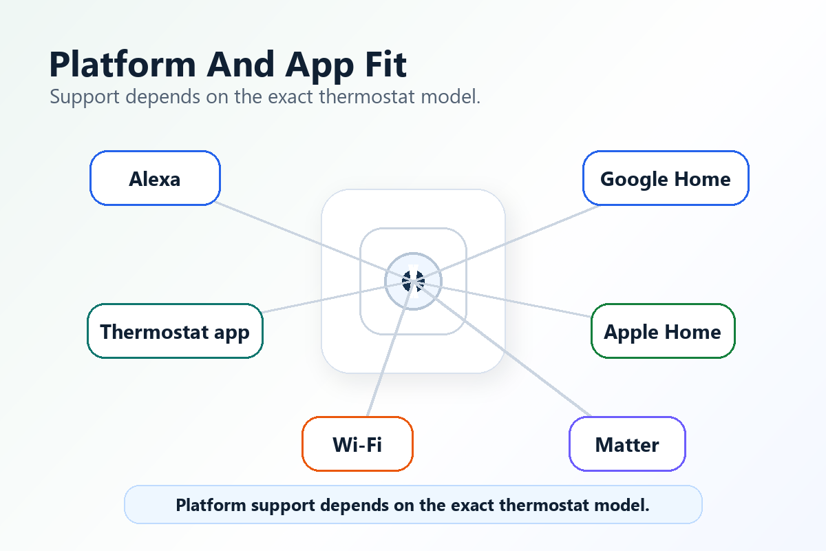 Diagram showing smart thermostat platform considerations including Alexa, Google Home, Apple Home, Matter, thermostat app, and Wi-Fi.