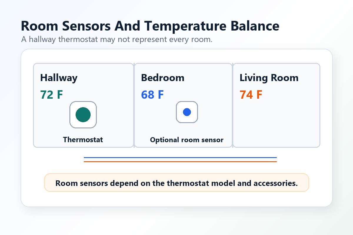 Home layout diagram showing how a smart thermostat and optional room sensor can help explain room temperature balancing.