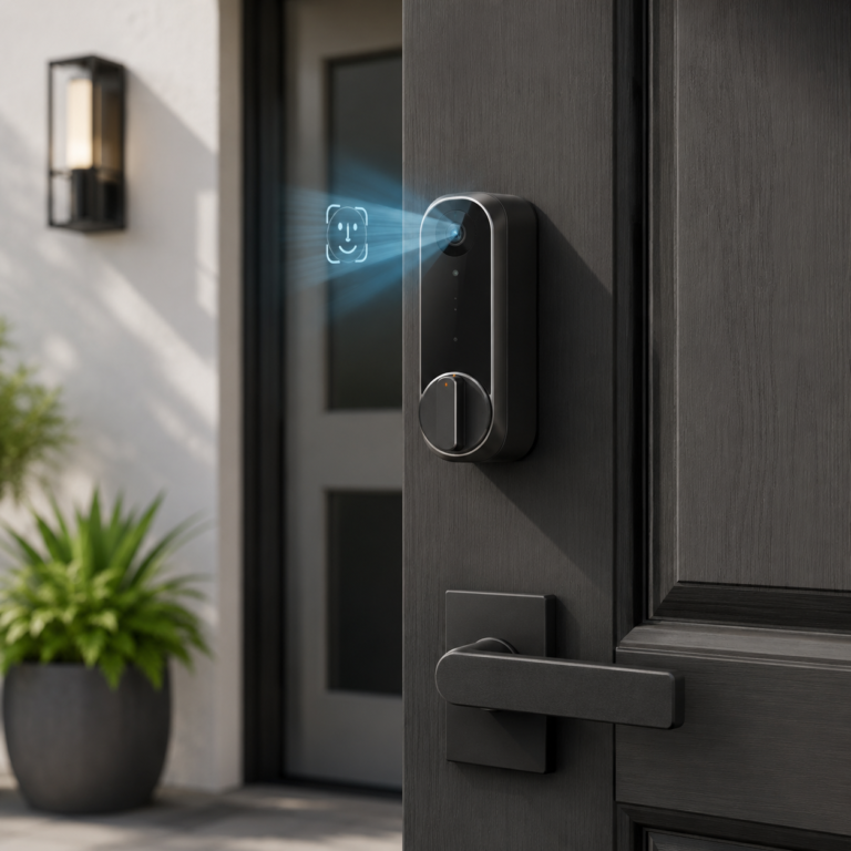 SwitchBot Lock Vision smart lock on a modern front door