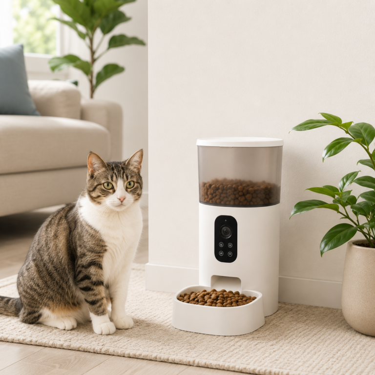VOLUAS automatic cat feeder with dry food bowl beside a cat
