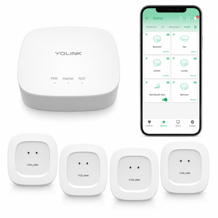 YoLink Water Leak Starter Kit with hub, four leak sensors, and mobile app alerts for home water monitoring