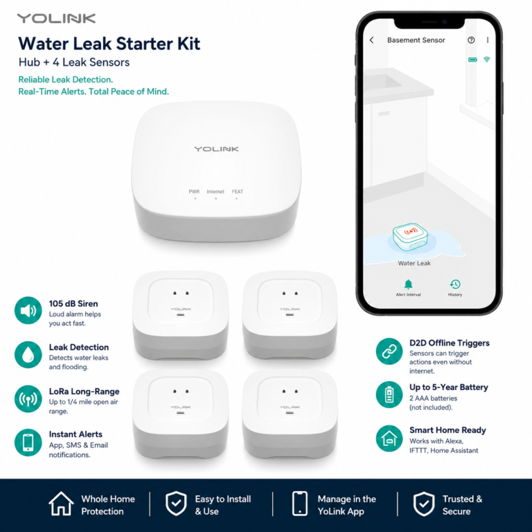 YoLink Water Leak Starter Kit with hub, four 105 dB siren leak sensors, and app alerts