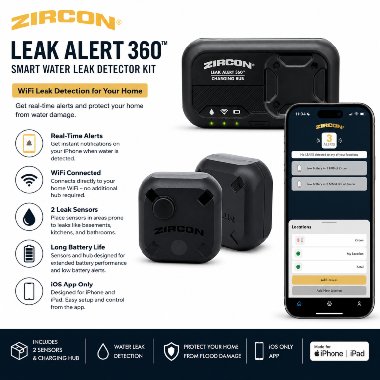 Zircon Leak Alert 360 smart water leak detector kit with two flood sensors, charging hub, WiFi alerts, and iOS app control