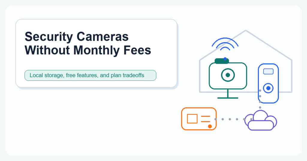 Illustration of indoor, doorbell, outdoor, local storage, and cloud security camera choices for a no-monthly-fee buyer guide.