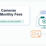 Illustration of indoor, doorbell, outdoor, local storage, and cloud security camera choices for a no-monthly-fee buyer guide.